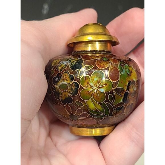 Cloisonné Open Salt Bowl Cellar Pepper Shaker Brown Flower Enamel Brass Stacking - Picture 3 of 8